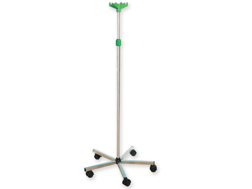 I.V.STAND ON 5 WHEELS TROLLEY - stainless steel - 4 plastic hooks