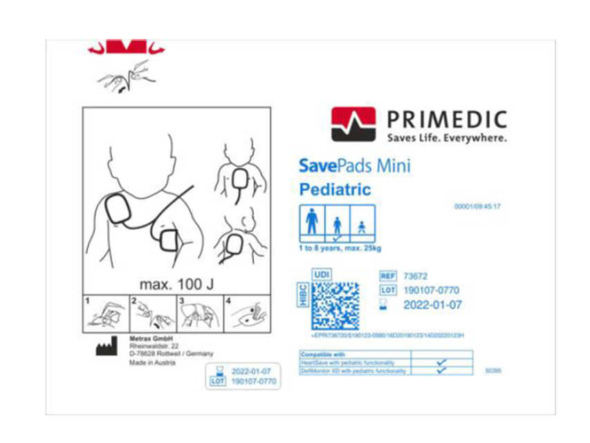 ÉLECTRODES SAVE PADS PÉDIAT. pour 1-8 ans, max 25 kg - GB/IT/FR/ES pour HeartSave depuis S.N.739XXXXXXX