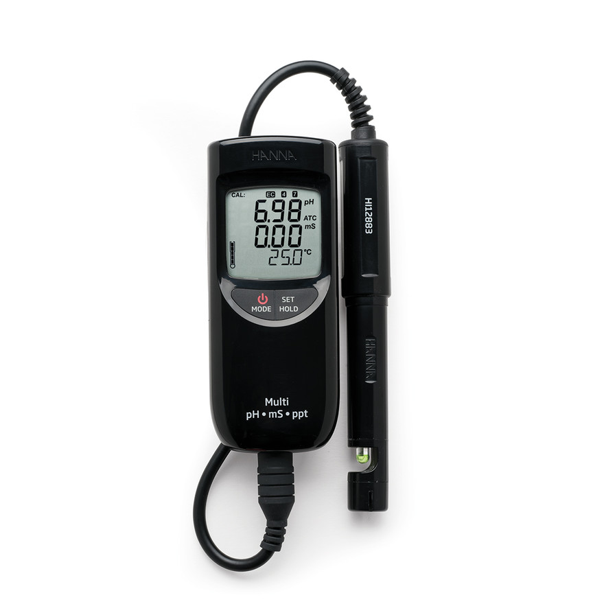 High Range EC, TDS, pH and °C Meter, compact, waterproof, 20 mS, 10 g/L