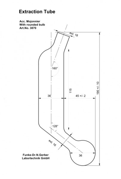 Tube d'extraction (d'après Mojonnier) à bille sphérique, accessoire : bouchon en liège (art. n° 3872), ou bouchon en caoutchouc (art. n° 3310)