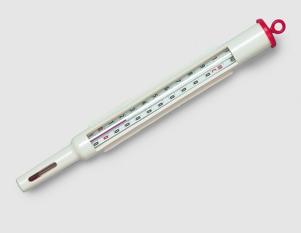 Thermomètre de laiterie, contenu spécial rouge, (0-100) °C :1 °C, env. (280x28) mm