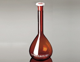 Volumetric Flask A with plastic stopper, brown glass, amber, Glassco, 